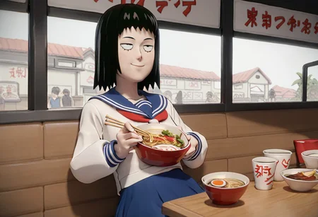 score_9, score_8_up, score_7_up, 3d, sidelighting, 1girl, solo,
kurata tome, black hair, medium hair, black eyes, narrowed eyes,
serafuku, long sleeves, blue skirt, smile, eating ramen, ramen restaurant, chopsticks, slurping noodles