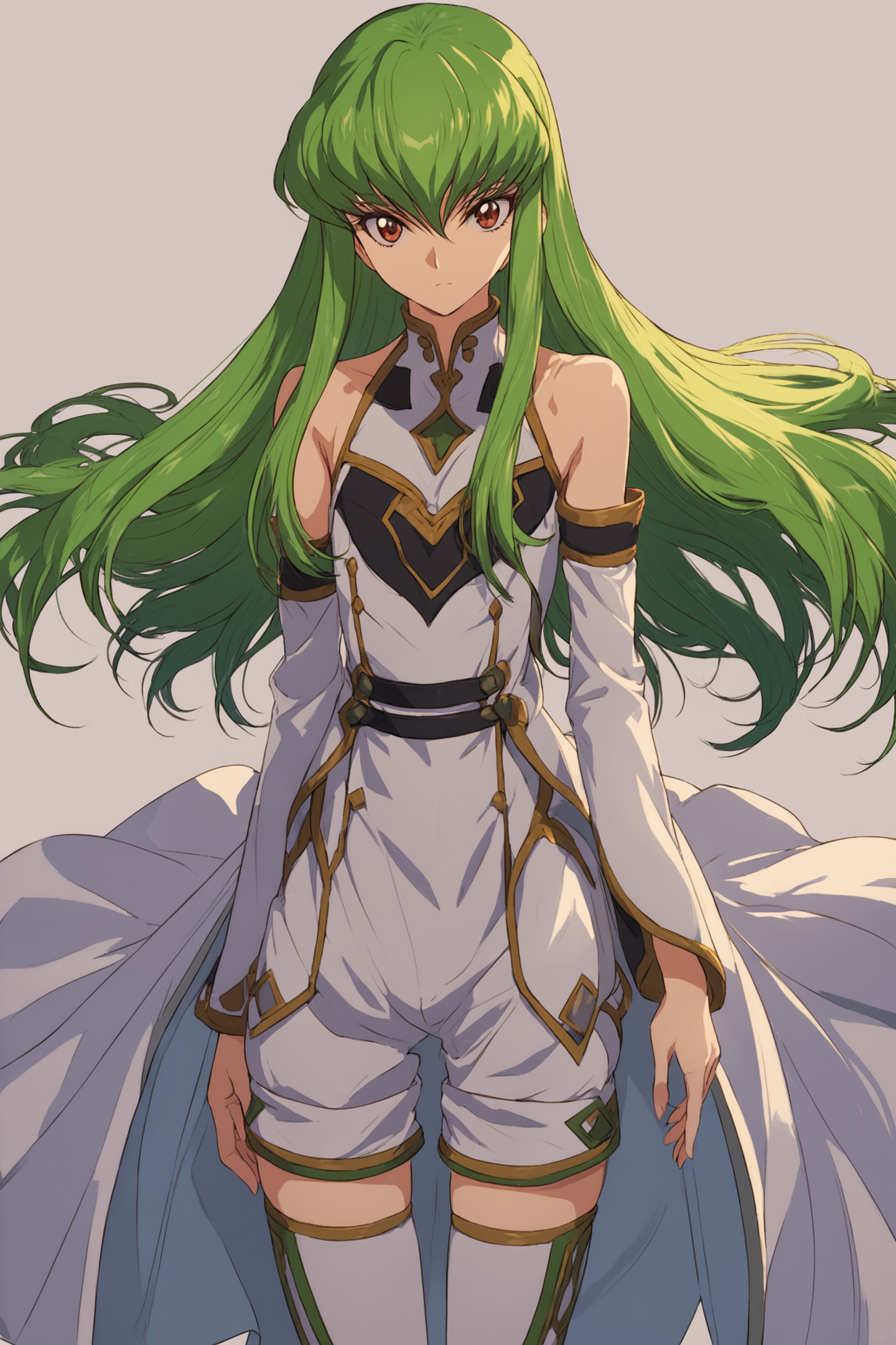cowboy shot,solo,1girl,c.c.,expressionless,green hair,long hair,looking at viewer,s2outfit,detached sleeves,white shorts,thighhighs,bare shoulders,code geass,looking at viewer,upper body,simple background,standing,score_8_up,<lora:ç¦è¶_XL_PONY:0.8>,