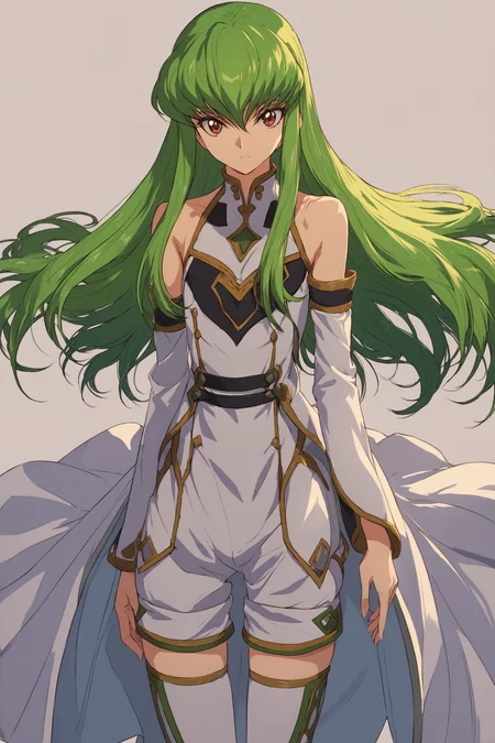 cowboy shot,solo,1girl,c.c.,expressionless,green hair,long hair,looking at viewer,s2outfit,detached sleeves,white shorts,thighhighs,bare shoulders,code geass,looking at viewer,upper body,simple background,standing,score_8_up,<lora:ç¦è¶_XL_PONY:0.8>,
