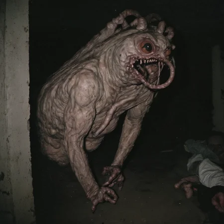 ab0m, dryer lint monster in unfinished basement, dark basement lit by camera flash, 35mm color analog photo