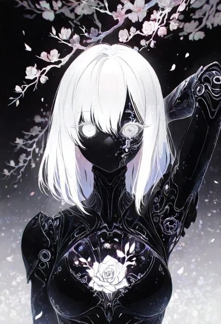 masterpiece, best quality, good quality, very awa, newest, highres, absurdres, 1girl, solo,  
Cherry blossom, 
 limited palette, sketch, glowing, psychedelic,
BREAK
masterpiece, best quality, good quality, newest, highres, absurdres, volumetric lighting,gradient color, uncensored, 
BREAK 
raytracing, volumetric lighting, ambient occlusion, girl, background, masterpiece, best quality, very awa, absurdres, 
BREAK 
ambient occlusion, raytracing, soft lighting, blum effect, masterpiece, absolutely eye-catching, particles, glow, shining, intricate cinematic background, (beautiful face), looking seductive, coy. dynamic action image,  
BREAK 
masterpiece,amazing quality,best quality,ultra-detailed,8K,illustration,CG, ultra-detailed-eyes, detailed background,cute girl, eyelashes, erotic, petals falling, 
white rose, blurry foreground, branch
BREAK
Automaton, colored skin, robot girl, robot joints, white hair, white eyes, short hair, metal_skin, barcode,
BREAK
perfect composition, solo, 1girl, long hair, extreme eye close up, eye focus, eye reflection, wide eyed, eyelashes, blank stare, looking at viewer, hand behind head,