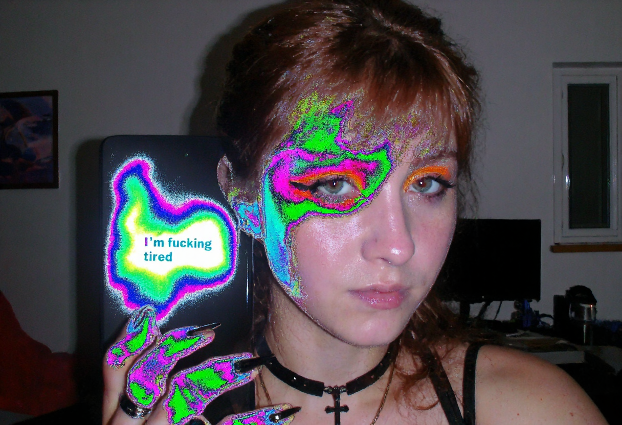 Circuit-bent/glitch art photograph showing a young woman, early 20s, easter european, fair skin, reddish-brown hair pulled back, side-swept bangs covering part of the forehead, dark eyeliner, orange eyeshadow, natural lip color, She also has a black choker and a black cross necklace. Her expression is neutral. room with furnitures and desk with computer and monitor and window. holding Samsung note10 with bright illuminated display to viewer, display showing text "I'm fucking tired". She has black nailpolish and rings on some fingers. artificial indoor heavy light, low light condition, underexposed face, face slightly shadowed, daytime. bright multicolored textures dominating the subject, wave-like color distortions, vivid neon color shifts with predominant green blue and magenta hues, distinct pixelation and edge artifacts, overall high digital corruption level