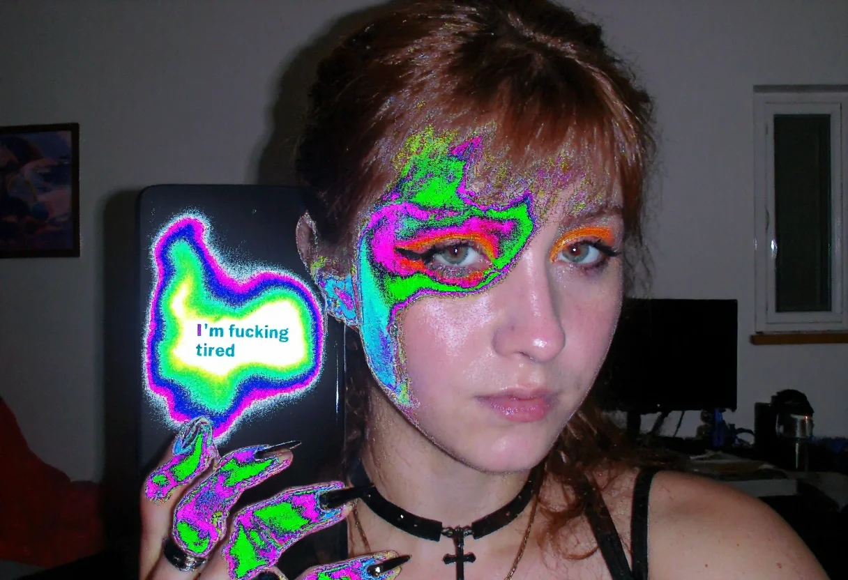 Circuit-bent/glitch art photograph showing a young woman, early 20s, easter european, fair skin, reddish-brown hair pulled back, side-swept bangs covering part of the forehead, dark eyeliner, orange eyeshadow, natural lip color, She also has a black choker and a black cross necklace. Her expression is neutral. room with furnitures and desk with computer and monitor and window. holding Samsung note10 with bright illuminated display to viewer, display showing text "I'm fucking tired". She has black nailpolish and rings on some fingers. artificial indoor heavy light, low light condition, underexposed face, face slightly shadowed, daytime. bright multicolored textures dominating the subject, wave-like color distortions, vivid neon color shifts with predominant green blue and magenta hues, distinct pixelation and edge artifacts, overall high digital corruption level