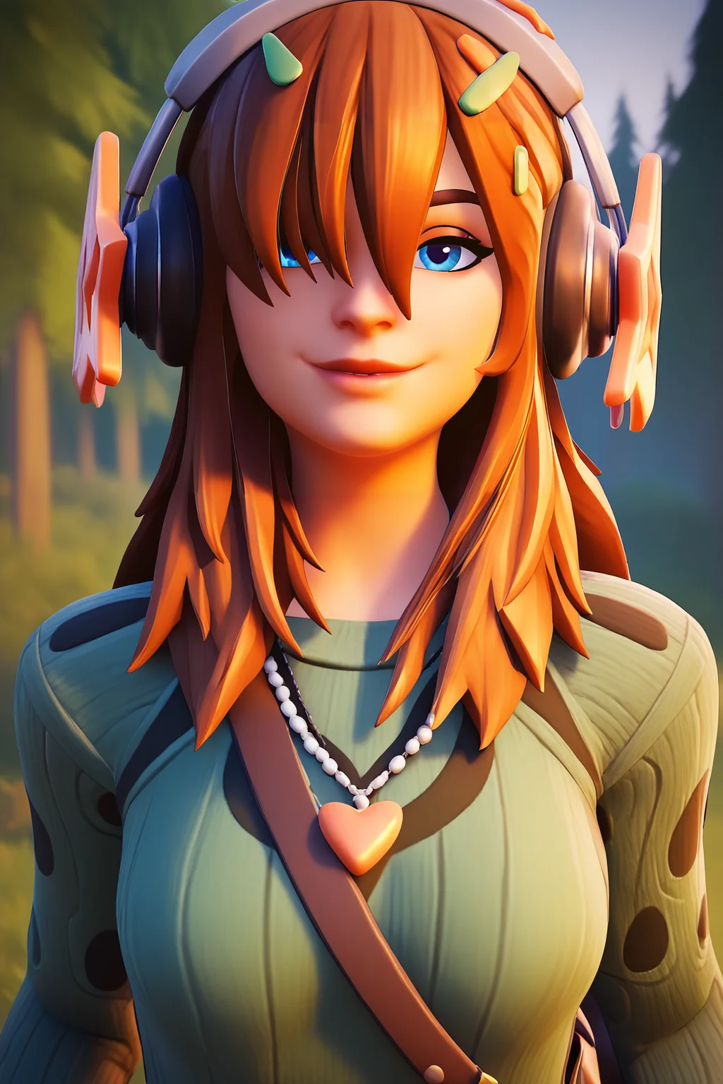 score_9, score_8_up, score_7_up, score_6_up, BREAK, PJFOPXL, blue eyes, brown hair, long hair, hair over one eye, hair ornament, headphones, medium breasts, necklace, green sweater, long sleeves, bag, solo, front view, (portrait, upper body), solo focus, seductive smile, looking at viewer, forest <lora:PJFOPXL_r2:1>