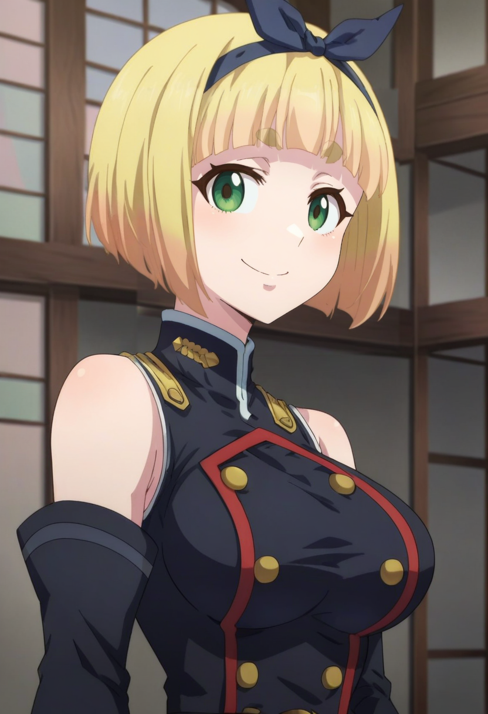 <lora:Shushu Suruga:1>shushu suruga, blonde_hair, short_hair, 1girl, green_eyes, solo, hairband, bangs, large_breasts, hair_bow,    uniform, gloves, military, military_uniform, detached_sleeves, sleeveless, looking at viewer, upper body, smile, score_9, score_8_up, score_7_up, score_6_up, score_5_up, score_4_up ,BREAK source_anime, anime