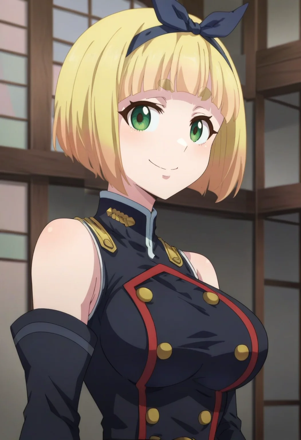 <lora:Shushu Suruga:1>shushu suruga, blonde_hair, short_hair, 1girl, green_eyes, solo, hairband, bangs, large_breasts, hair_bow, uniform, gloves, military, military_uniform, detached_sleeves, sleeveless, looking at viewer, upper body, smile, score_9, score_8_up, score_7_up, score_6_up, score_5_up, score_4_up ,BREAK source_anime, anime