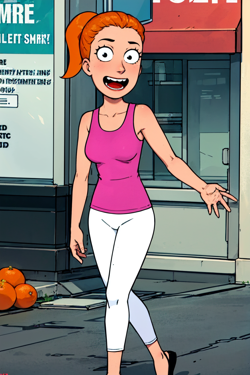 summer.smith, orange hair, 1girl, ponytail, solo, pink tank top, white pants, smile, breasts,looking at viewer, smile,black footwear,open mouth,standing, teeth,      <lora:summer2-000007:0.65>