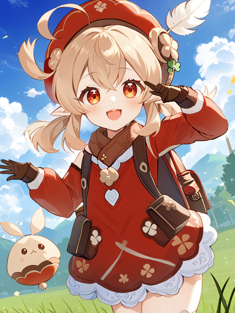 <lora:å¯è:1>ï¼1girl, solo, klee_\(genshin_impact\), bag, smile, dodoco_\(genshin_impact\), hat, looking_at_viewer, backpack, bloomers, ahoge, low_twintails, gloves, cloud, bangs, bag_charm, sky, long_hair, twintails, pointy_ears, light_brown_hair, outdoors, charm_\(object\), :d, clover_print, red_headwear, brown_gloves, long_sleeves, randoseru, blue_sky, sidelocks, pocket, cabbie_hat, underwear, hair_between_eyes, cloudy_sky, grass, arm_up, hat_feather, coat, hat_ornament, scarf, open_mouth, red_eyes, day, fire, red_coat, brown_scarf, orange_eyes