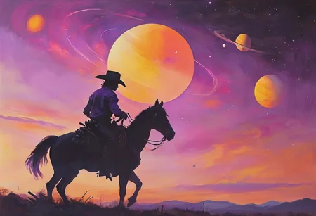 western, gradient orange and purple sky, single  cowboy silhouette on the right side of the painting riding into the sunset away from viewer, 3 large close blurry translucent Saturn-like planets with tilted rings barely seen in the sky, realistic, high quality, detailed, from behind, aesthetic
 <lora:MJ52:0.65>