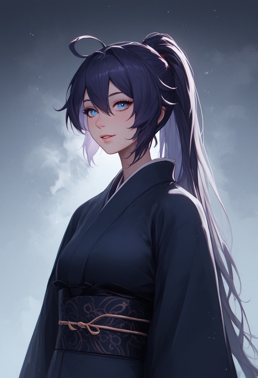 score_9, score_8_up, score_7_up, score_6_up, female portrait, 1girl, solo, Kiana, ahoge, long hair, smile, bangs, blue eyes, raven hair, ponytail, kimono, close up, waist up, posing, parted lips, steam, cold weather, foggy, night time, street, walking, dynamic angle, natural light,