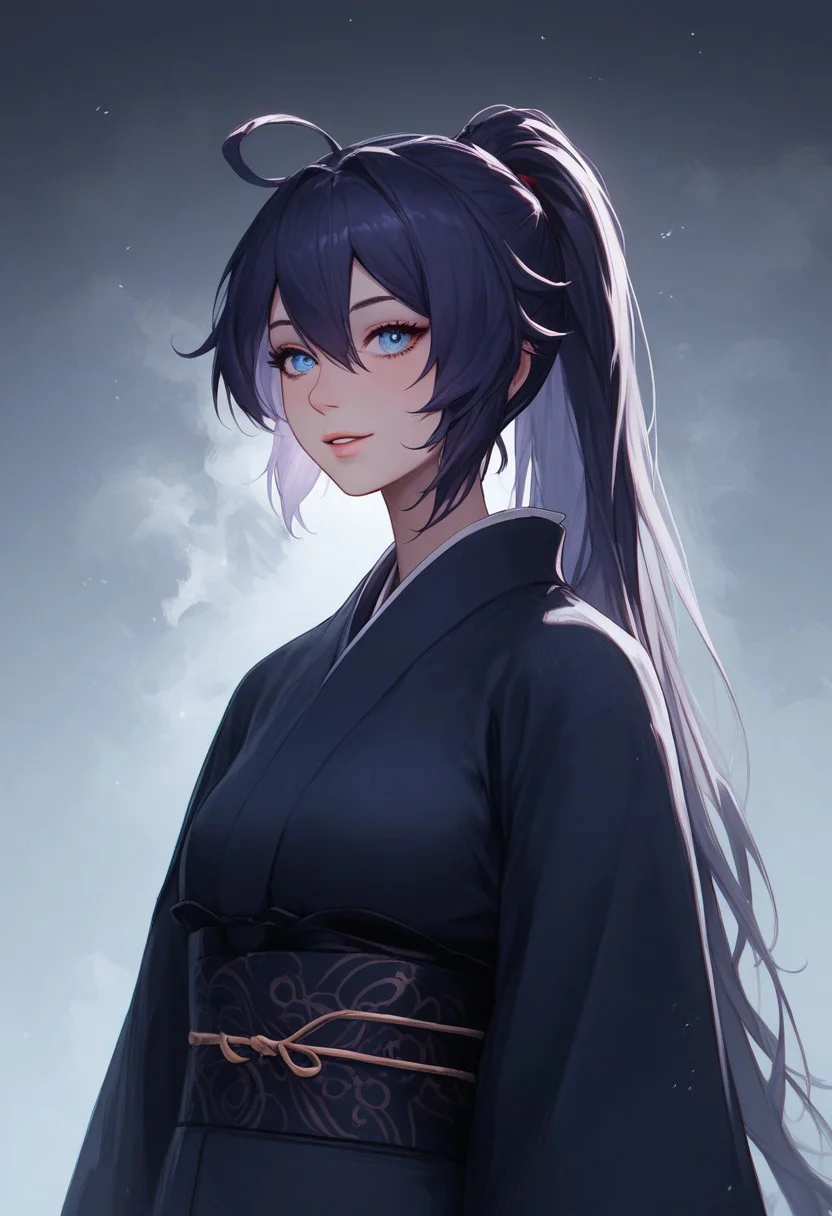 score_9, score_8_up, score_7_up, score_6_up, female portrait, 1girl, solo, Kiana, ahoge, long hair, smile, bangs, blue eyes, raven hair, ponytail, kimono, close up, waist up, posing, parted lips, steam, cold weather, foggy, night time, street, walking, dynamic angle, natural light,