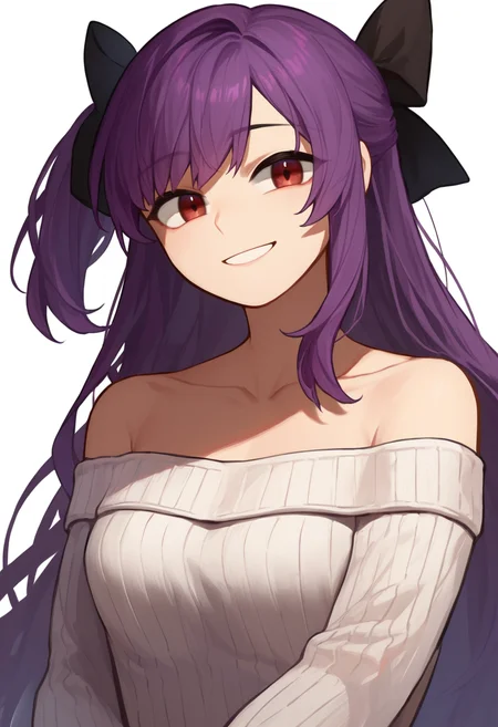 score_9, score_7_up, source_anime, simple background, white background, upper body, solo, 1girl, smile, looking at viewer, long hair, purple hair, hair bow, white sweater, ribbed sweater, off-shoulder sweater, bare shoulders, collarbone <lora:style_chocojax_ponyXL-000040:1>