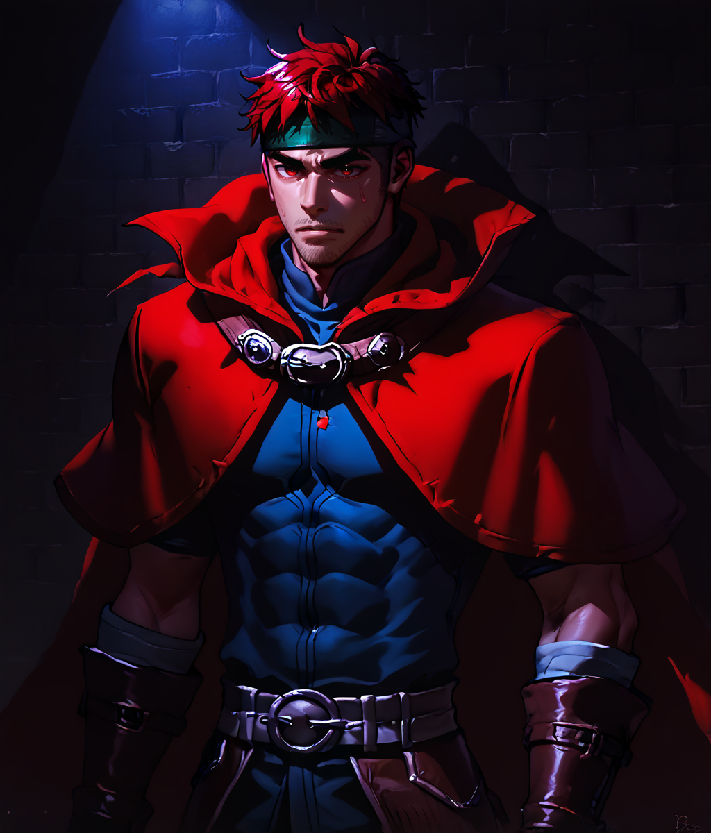 score_9, score_8_up, realistic, rating_questionable, bif, 
<lora:Tormod__Muarim_Fire_Emblem__Pony:1>, 1boy, Tormod, red hair, red eyes, red cape, headband, green headband, red cape, brown boots, solo male
upper body, dungeon brick wall, (depressed face)
glossy skin, 1 muscular male in the dungeon, dark dungeon, darkness, a background of dark dungeon, distressed face, handsome, short hair, detailed background, black dungeon background, 
<lora:egg_leonard-04:.4><lora:style_Concept Art DarkSide Style LoRA_Pony XL v6:1><lora:slider_skin tone slider_last:0><lora:style_Low-Key Lighting Style - pony:.4>, DARK, DARK BACKGROUND, LOW-KEY LIGHTING,<lora:slider_ponyxl_not_simple_background:1>,<lora:slider_Body Type_alpha1.0_rank4_noxattn_last:1><lora:addon_bobthetanuki:1>, bobthetanuki