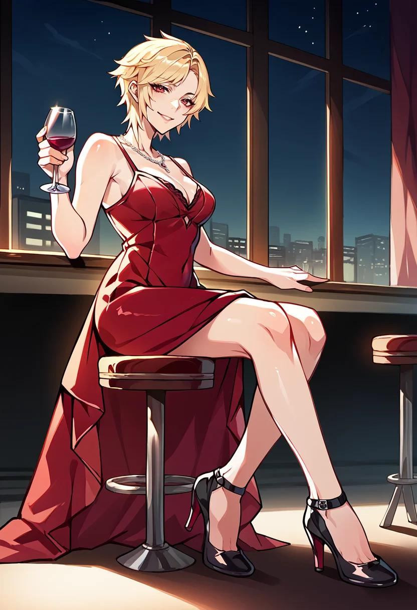 score_9, score_8_up, score_7_up, score_6_up, BREAK 1girl. sitting, from side, looking at viewer, evil smile, <lora:MiladySH2-pdxl:1> defMilady, short hair, cleavage, long dress, red dress, sleeveless, spaghetti strap, high heels, holding wine glass, necklace, indoors, stool, formal, window, night