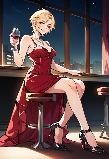 score_9, score_8_up, score_7_up, score_6_up, BREAK 1girl. sitting, from side, looking at viewer, evil smile, <lora:MiladySH2-pdxl:1> defMilady, short hair, cleavage, long dress, red dress, sleeveless, spaghetti strap, high heels, holding wine glass, necklace, indoors, stool, formal, window, night