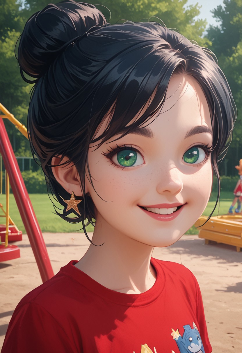 score_9, score_8_up, score_7_up, source_cartoon, highly detailed, intricate detail, high quality, HD, 8k, award-winning, masterpiece, ((upper body)), ((2d)), ((cartoon)),
((standing in a school playground, happy)), diffuse lighting, ((perfect face, detailed face)),
((portrait photo)),
1girl, solo, ((female focus)),
((bllyw00dalma5c8d0s3i, green eyes, black hair, short hair, hair bun, red shirt, red t-shirt, short sleeves, jeans pants, long pants, sneakers)),