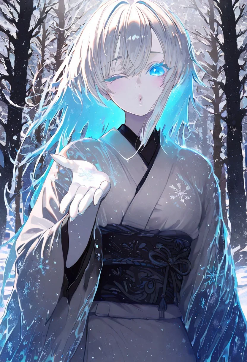masterpiece, best quality, good quality, very awa, newest, highres, absurdres,
1girl, solo, Yukinoshita Yukino, yuki onna, outdoors ,snow-covered forest, pale skin, detailed lips, glossy lips, long silver hair,bang cover eye, glowing blue eyes, white kimono, snowflakes swirling, wind lifting hair and fabric, icy breath ,blue glow,snow fall,slash,obi, blizzard,silhouette,<lora:blowing-kiss-illustriousxl-lora-nochekaiser:1>, blowing kiss, pucked lips, heart, one eye closed, o3o, looking at viewer, hand up
limited palette, h4ra_illu <lora:illustriousXL_stabilizer_v1.23:0.3> <lora:NOOB_vp1_detailer_by_volnovik_v1:0.3> <lora:ponyv6_noobE11_2_adamW-000017:0.3> <lora:114558v4df2fsdf5:0.7> <lora:XXX667:0.4> <lora:mon_monmon2133:0.7> <lora:hara_id_21:0.6>