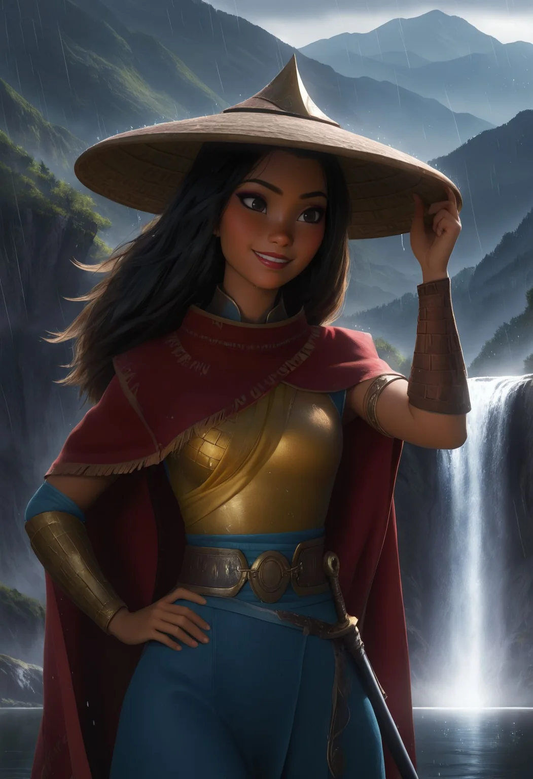 Smooth Quality, HDR, cinematic lighting,beautiful and intricate hair, protruding lips, lipstick, eyeliner, 1girl, princess raya, armored clothes, east asian clothes, cape, hat, grin, hand on own hip, adjusting headwear, wet, scabbard, sword belt, outdoors, wind, mountainous horizon, waterfall, rain,
