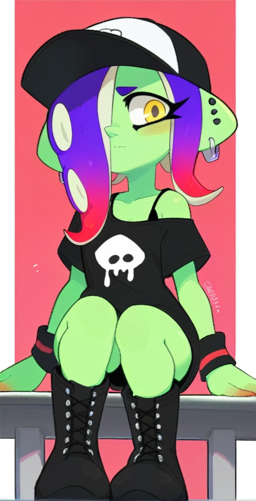 score_9, score_8_up, score_7_up, score_6_up, score_5_up, score_4_up, 1girl, solo, black dress, single off shoulder, short sleeves, bra strap, black baseball cap, multiple earrings, wristband, headphones, headphones over headwear, black knee boots,
 <lora:Splatoon - Acht v1:1> splat-acht, green skin, gradient hair, purple hair, <lora:Kiirono_Style:1>