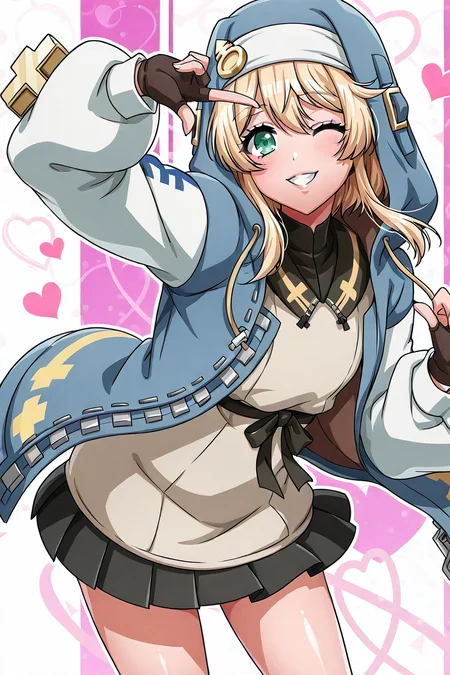shiny skin, posing,
<lora:d4dj.il:1>,
d4dj,
bridget_(guilty_gear),
guilty gear strive,
crossdressing, otoko no ko, trap,
one eye closed, hearts,