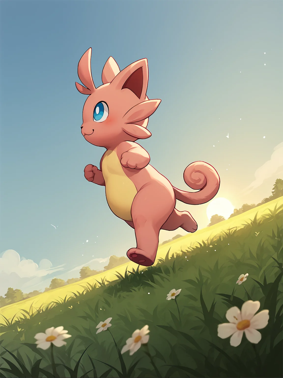 score_9, score_8_up, score_7_up, score_6_up, score_5_up, score_4_up, outside, side view, grass, sky, sun, flower, low-angle view BREAK
<lora:Cattiva_PDXL-000005:1> cattiva, pink body, yellow belly, blue eyes, looking away, running, happy, mouth closed, smile, curled tail
