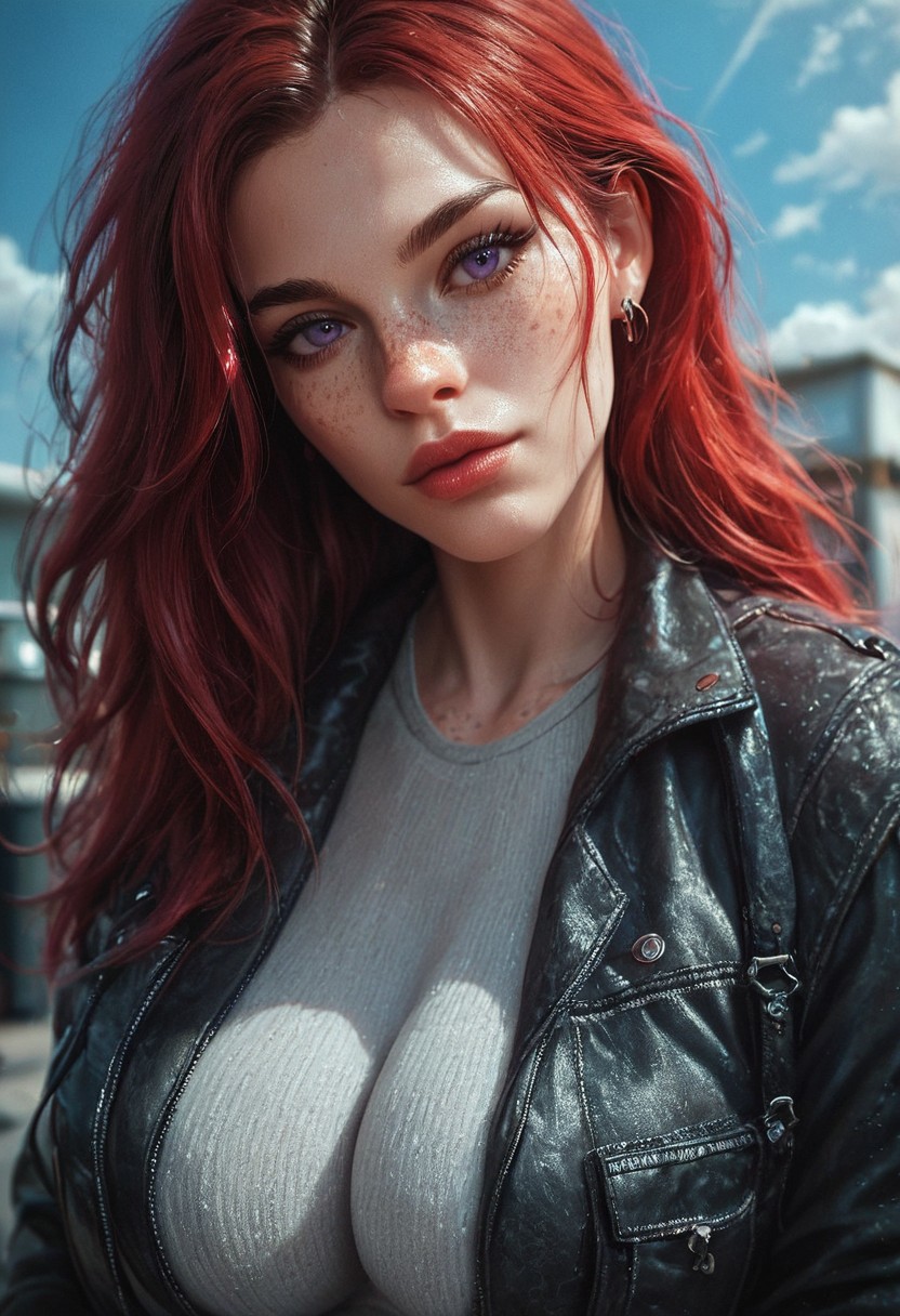 (Huge breasts), score_9, score_8_up, score_7_up, score_7, score_6_up, 1girl, blue sky, Violet eyes, looking at viewer, eye contact, score_9, score_8_up, score_8_up, Expressiveh, Dirty female mechanic in workshop, Dirty work jacket. Red Hair. Freckles.