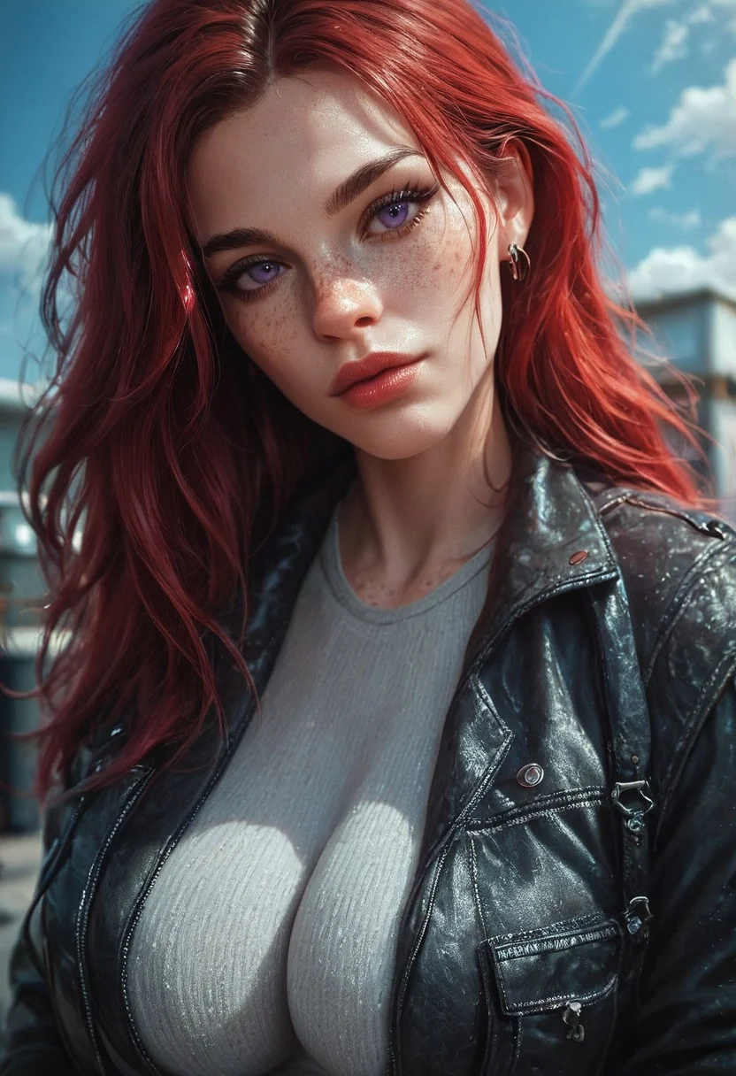 (Huge breasts), score_9, score_8_up, score_7_up, score_7, score_6_up, 1girl, blue sky, Violet eyes, looking at viewer, eye contact, score_9, score_8_up, score_8_up, Expressiveh, Dirty female mechanic in workshop, Dirty work jacket. Red Hair. Freckles.