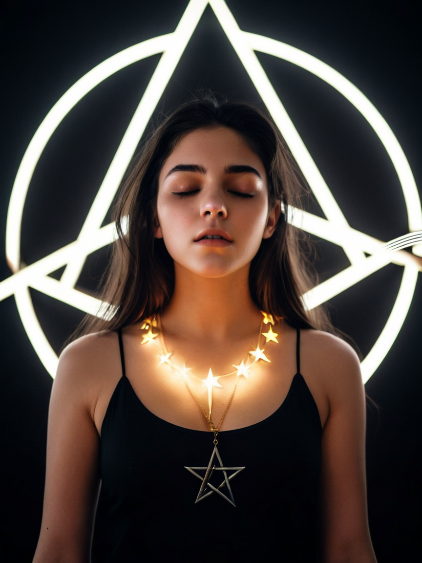 Cinematic fashion photograph  Amina_Massoud_P_MXAI_SDXL standing in the center of a glowing pentagram at a Black Mass, eyes closed