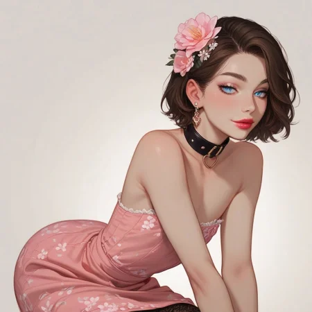 score_9, score_8_up, score_7_up, Expressiveh, , sexy pose,
, kawaii, perfect eyes, detailed, , pale skin, perfect skin,
(1_Femboy), detailed eyes, big blue eyes,
,
sexy skinny feminne body,
, narrow waist, bob haircut ,brown hair,
Lace stockings, , black nails, , ear piercing, makeup, lipstick, strands, manicure,
, submissive, thin waist, , collar,
Aroused,
, , , summerdress, pink dress, flower print, flower hair ornament, highly detailed, intricate, , sitting, knees up, leaning forward, side view, dutch angle, looking at viewer, gentle smile, modelshoot, abstract background, solo