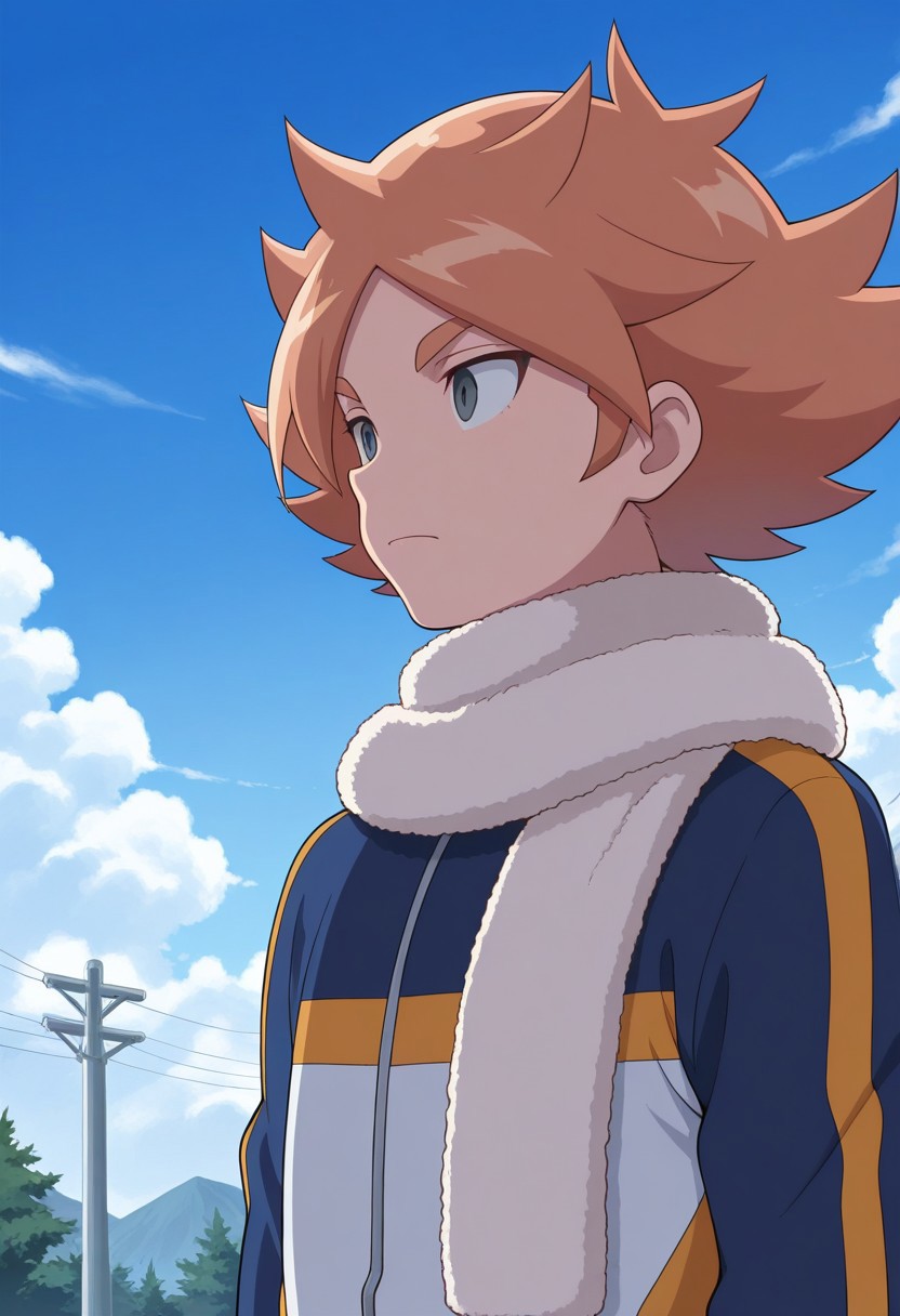 masterpiece,best quality,amazing quality, source_anime, 
FubukiAtsuya, 1boy, male focus, solo, grey eyes, orange hair, scarf, white scarf, orion track jacket, lightning bolt symbol,
outdoor, sky, day, clouds,