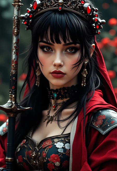 closeup zoomed in portrait of a femme fatale Japanese warrior princess, bangs, sidelocks, long earrings, dark eyeshadow, red lips parted, choker, necklaces, tiara, cleavage, sexy, seductive, lustful, sultry, choker, silhouetted, professional photography, directional lighting, outdoors, Perfect hand