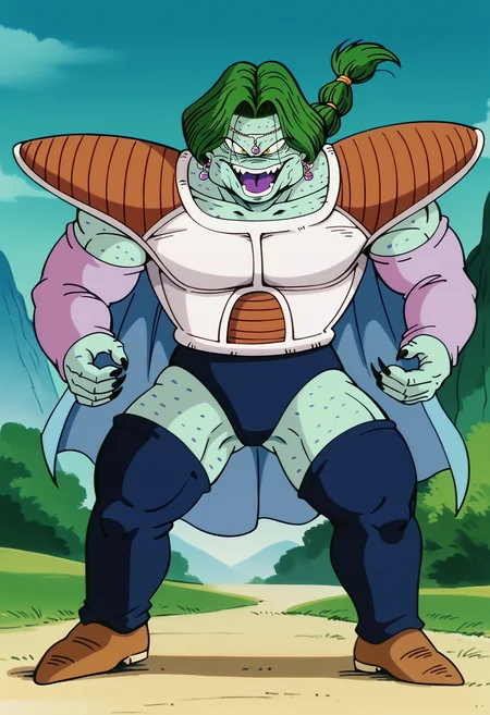 score_9,score_8_up,score_7_up,BREAK zrbn2frm,retro artstyle,solo,blue skin,lizardman,fat, sharp teeth, angry, no nose, scales, full body, white saiyan armor, shoulder pads, blue thighhighs, purple detached sleeves, circlet, lavender earrings, blue briefs, green hair, single braid, yellow eyes,long hair,looking at viewer,mount paozu, nature, day,  blue sky, cliff, thin mountain, bush, light blue cape,purple tongue, black fingernails, (from side:0.7),  foreshortening, ,muscular male, fighting stance, bara,sharp fingernails, brown shoes     <lora:ZarbonPony:1>