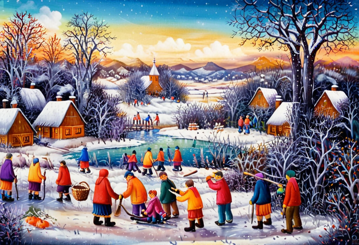 dr4g4n, style of dr4g4n,A charming naïve art painting depicting several children playing hockey on a frozen river in a quaint rural village. The children, dressed in colorful winter clothing with scarves, hats, and mittens, are joyfully skating and competing with wooden hockey sticks. The frozen river winds through the village, surrounded by small, snow-covered houses with smoking chimneys, and tall trees dusted with snow. The scene is rendered in bold, vibrant colors with simple shapes and exaggerated proportions, creating a playful and nostalgic atmosphere. The sky is a bright winter blue with soft clouds, and the overall composition radiates warmth and innocence, capturing the joy of childhood in a picturesque winter setting.<lora:dr4g4n:1>,<lora:SDXLFaeTastic2400:0.4> <lora:extremely_detailed:0.4> extremely detailed, Masterpiece,best quality,hi res,8k,hi res,8k,award winning,(sharp focus, intricate, highly detailed),