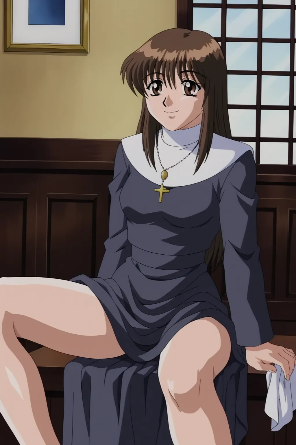score_9, best, masterpiece, uncensored,
1girl, solo, smile, retro artstyle, 1990s (style),
LTHRMNNun, nun, headwear removed, hair, bare hair,
<lora:LeathermanNun_V2:0.8>​​​