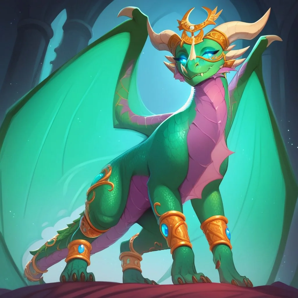score_9, score_8_up, score_7_up, score_6_up, semi-realistic artwork, high quality, vibrant colors, best quality rendering, intricate details, high resolution, sharp focus, best render quality,[e621] Scappo Style,Expressiveh
1girl,Ysera, dragon, green scales, wings,translucent wings, horns, tail, claws, female, blue eyes, glowing eyes, headpiece, anklets, jewelry,