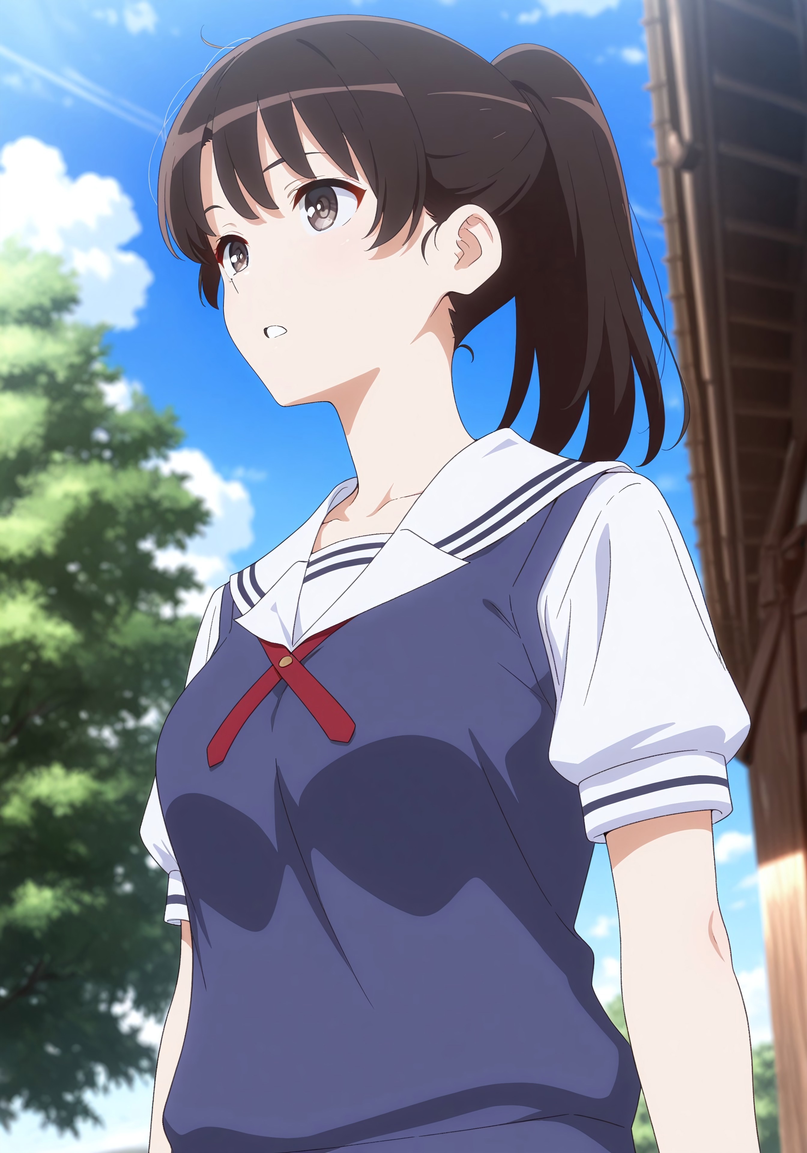 masterpiece,best quality,amazing quality,
<lora:megumikatoIL:1>,m3gum1kat0,
1girl,solo,black hair,bangs,ponytail,brown eyes,blue sweater vest,white shirt,puffy sleeves,red tie,upper body,looking ahead,from below,parted lips,outdoors,day,blue sky,depth of field,