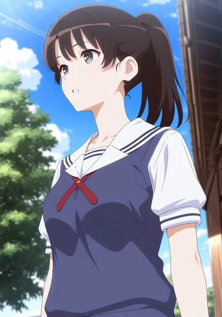 masterpiece,best quality,amazing quality,
<lora:megumikatoIL:1>,m3gum1kat0,
1girl,solo,black hair,bangs,ponytail,brown eyes,blue sweater vest,white shirt,puffy sleeves,red tie,upper body,looking ahead,from below,parted lips,outdoors,day,blue sky,depth of field,