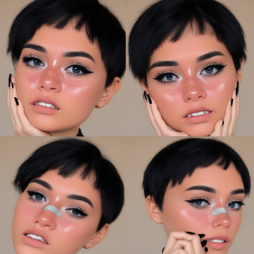 blue eyes, freckles, portrait, expressionless, black eyes, striped, multiple girls, very short hair, hand on own chin, bandaid on face, black nails, eyewings1, teeth