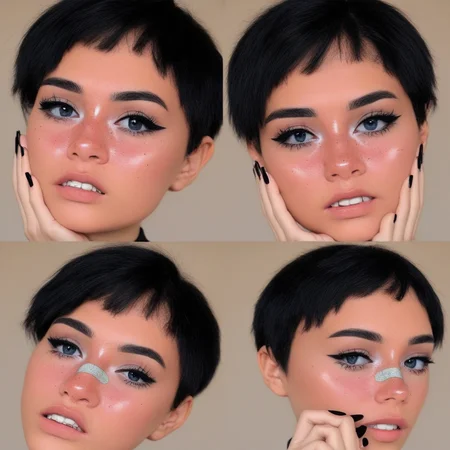 blue eyes, freckles, portrait, expressionless, black eyes, striped, multiple girls, very short hair, hand on own chin, bandaid on face, black nails, eyewings1, teeth