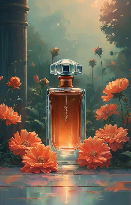 masterpiece,best quality,<lora:tbh326-sdxl:0.9>,illustration,style of Alena Aenami A bottle of perfume in garden