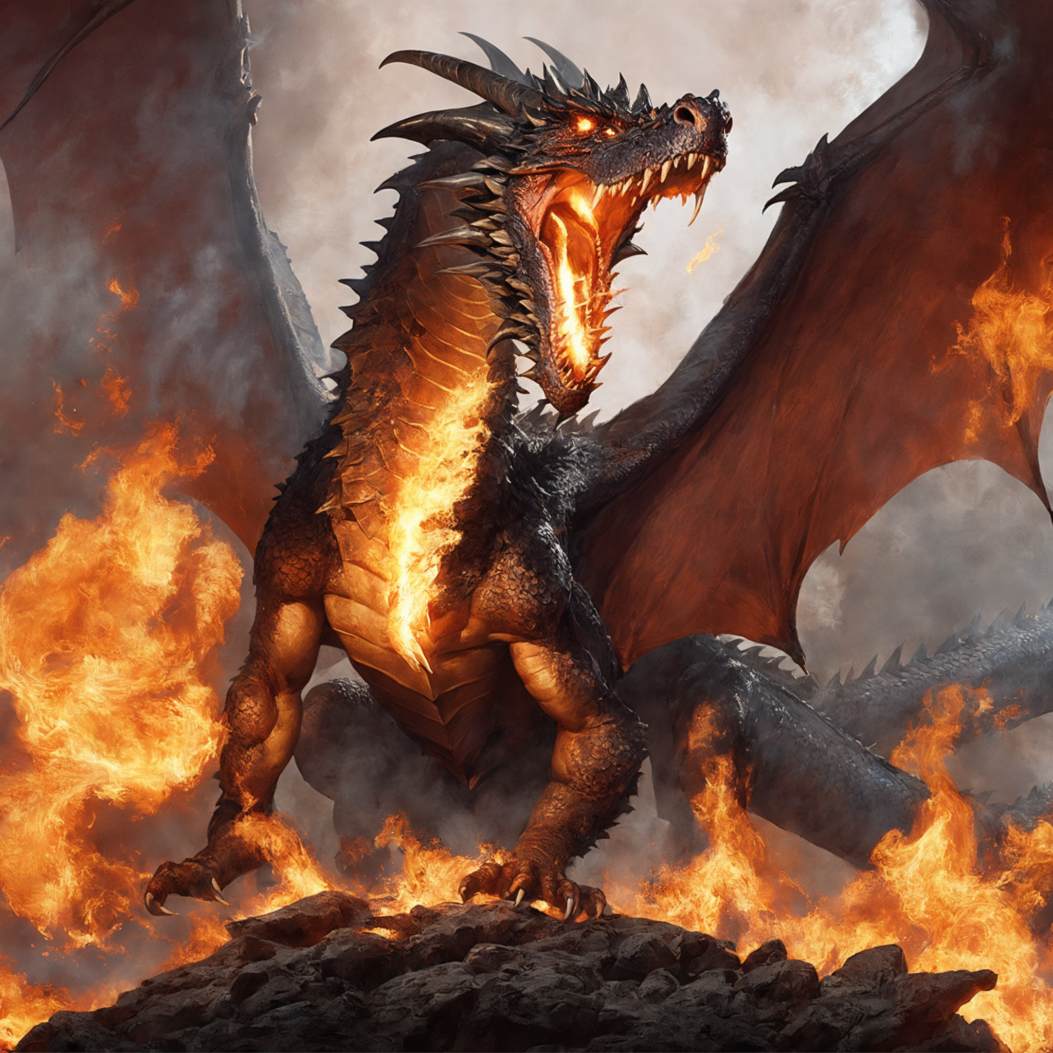 masterpiece, best quality, greg rutkowski, 

fire, no humans, open mouth, wings, dragon, sharp teeth, teeth, tail, solo, breathing fire, horns, monster, claws, smoke

, very detailed, high resolution, sharp, sharp image, 4k, 8k,