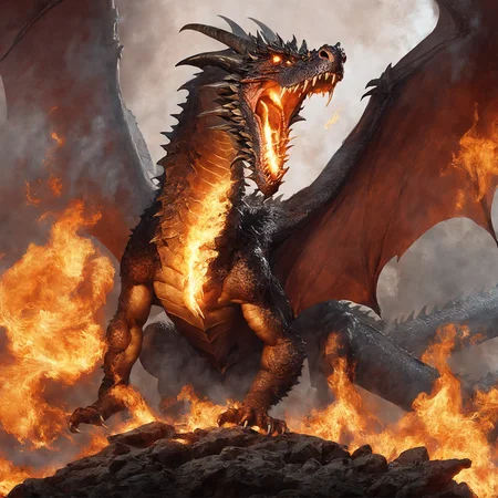 masterpiece, best quality, greg rutkowski,
fire, no humans, open mouth, wings, dragon, sharp teeth, teeth, tail, solo, breathing fire, horns, monster, claws, smoke
, very detailed, high resolution, sharp, sharp image, 4k, 8k,
