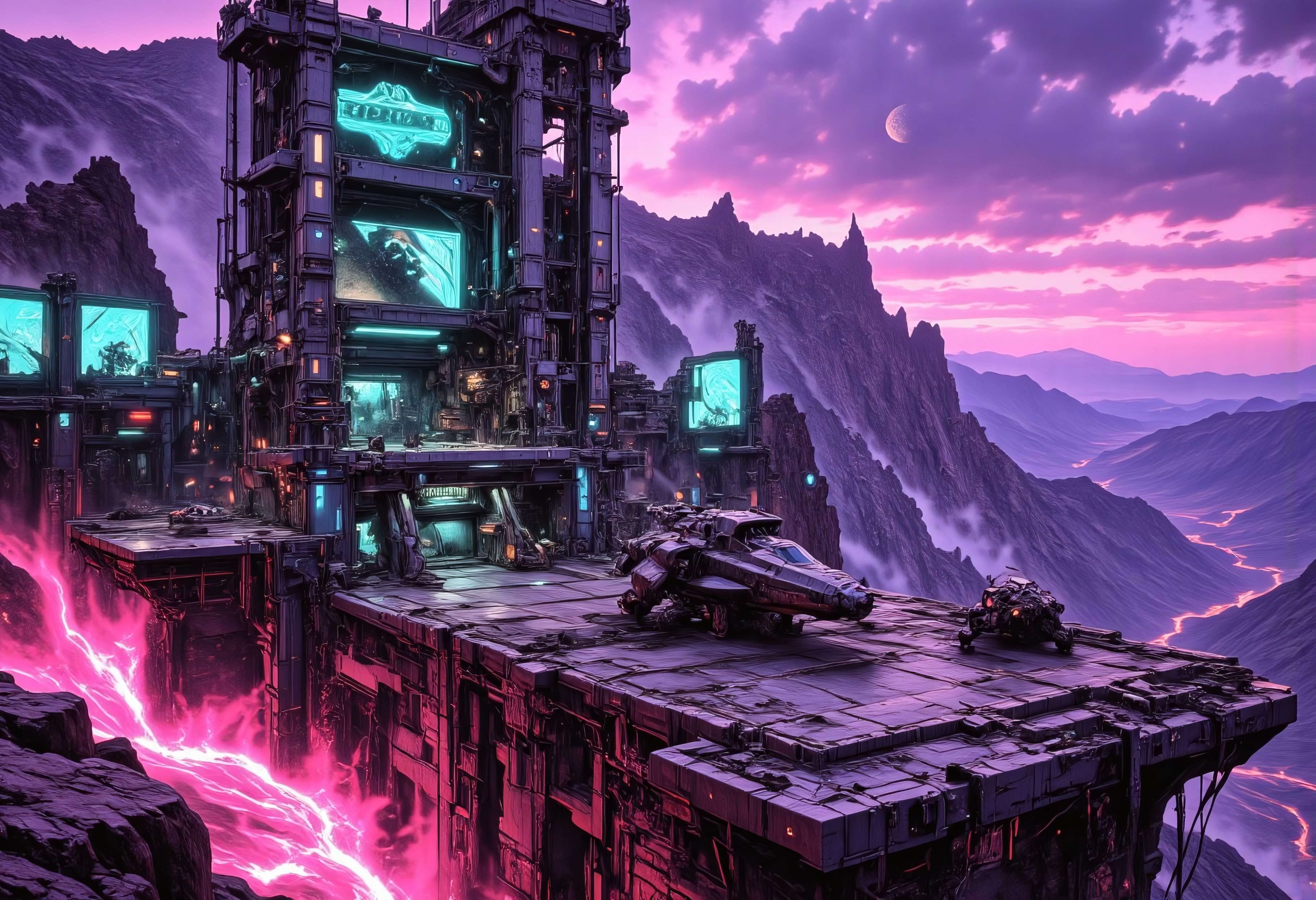 OBxiaoxiang, CAICO, inksketch purple and gray theme, Abstract digital painting in the style of ck-js, detailed photorealistic image, a sci-fi Miningstation of colossal buildings and towers in a barren lavender lush landscape, looking like an Mining Outpost perched at the Cliff, a smelter attached to the structures, of a volcanic cliff, its sleek towers a stark contrast to the cliffs surrounding it. The planet’s sun casts a vivid, cyan surreal light across the station, while deep fissures reveal glowing rivers of molten pink lava far below. The sky is a surreal shade of black and purple, dark glowing diodes and lights ((dark glowing diodes, lights and neon signs), Firestorm Inc. written on the neon signs), attached to the building is a landing field with 3  Spaceships landed on it, Dragonkin like creatures are around fixing some spaceships, two moons hanging low in the horizon, each reflecting light off the surface, large depth of field. The sky is a dark pink, with 2 broken moons hanging low in the horizon <lora:more_details>
realistic, detailed background, shaded, detailed, hi res, realistic, photography \(artwork\), (by kenket), by ross tran, by michael & inessa garmash, by pino daeni, by isvoc, by kiguri, by alena aenami, by ruan jia, (by zenthetiger, by wolfy-nail), by Enki Bilal, by drmax, photorealism, <lora:add_detail:1.3