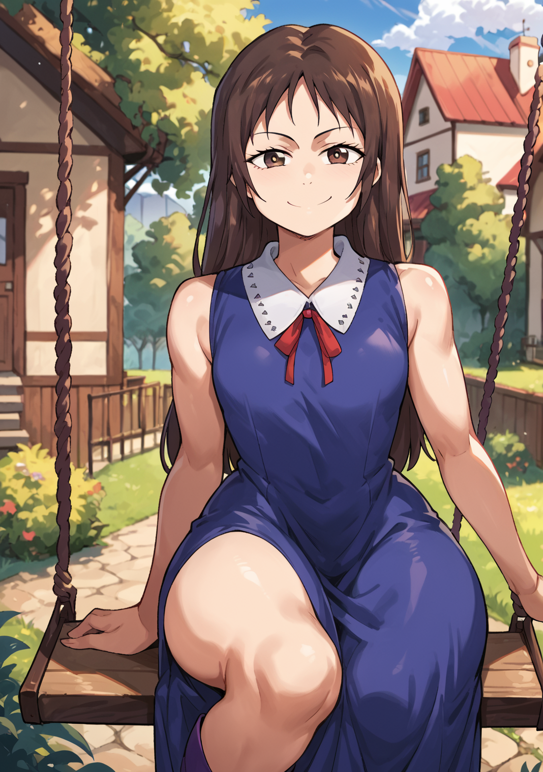 score_9, score_8_up, score_7_up, source_anime,  Rika Orimoto, Rikaorimotopony, blue dress, (brown eyes, black pupils),  legs, red ribbon, sleeveless, brown hair,  long hair,  looking at viewer, smug,  sitting, swing, outside, house,   medium hips,  purple footwear   <lora:orimoto_rika-000001 (1):1>