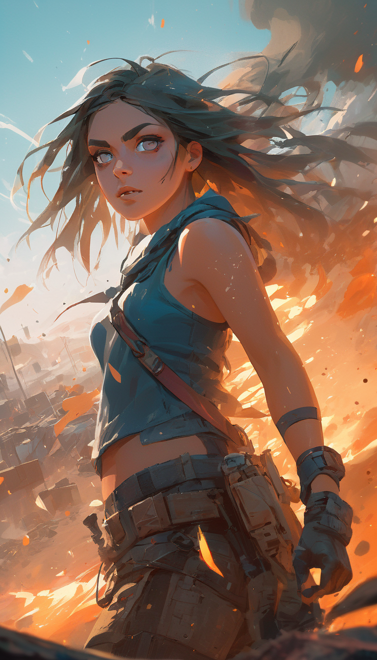 A beautiful female, dust, color explosions, wind, post apocalyptic, extremely beautiful detailed piercing eyes, hero view, action pose, cinematic scene, scenery, detailed background, masterpiece, best quality, high quality, highres, absurdres, very detailed, high resolution, sharp, sharp image, 8k, vivid, colorful, stunning, Toni Infante <lora:toni_infante_xl_v3:1>