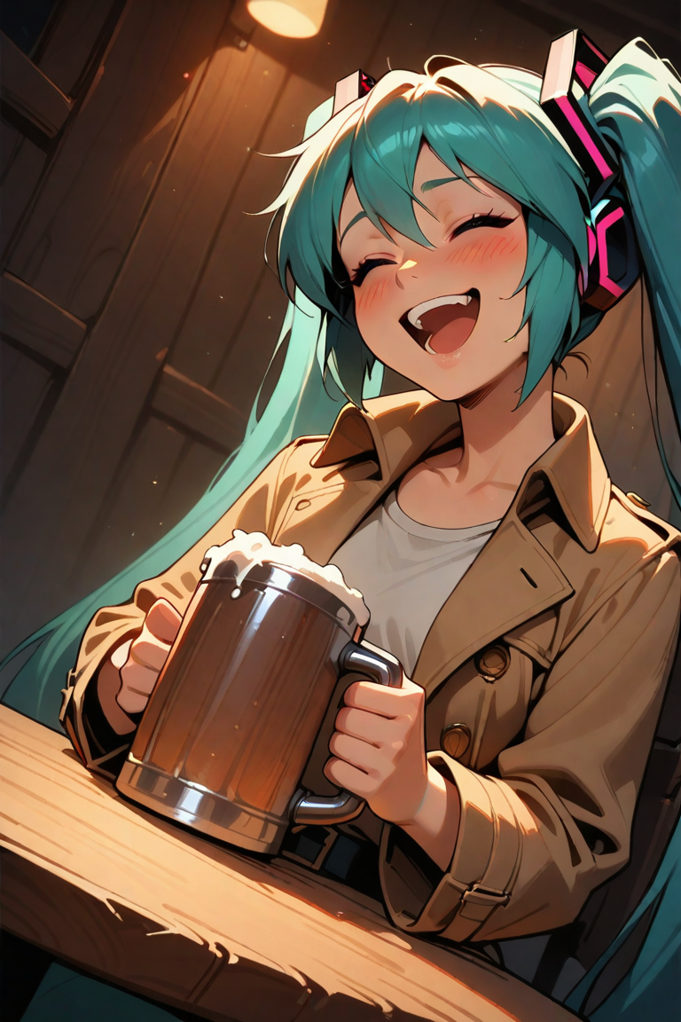 1girl, solo, hatsune miku, trench coat, holding beer mug, laughing, sitting, closed eyes, blush, wooden table, indoors, wooden wall, upper body, dutch angle, dark night, sidelighting, masterpiece, best quality, very aesthetic, absurdres