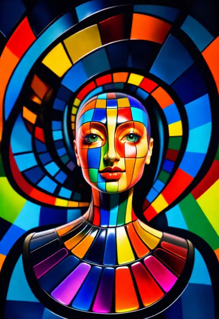 , A dark vibrant Fibonacci spiral made of tessellating colorful translucent pixels forming beautiful face of artificial intelligence, mesmerizing and fascinating, surreal, abstract, psychedelic, intense interplay of light and shadows, in the style of android jones, grzegorz domaradzki and alena aenami, 8k