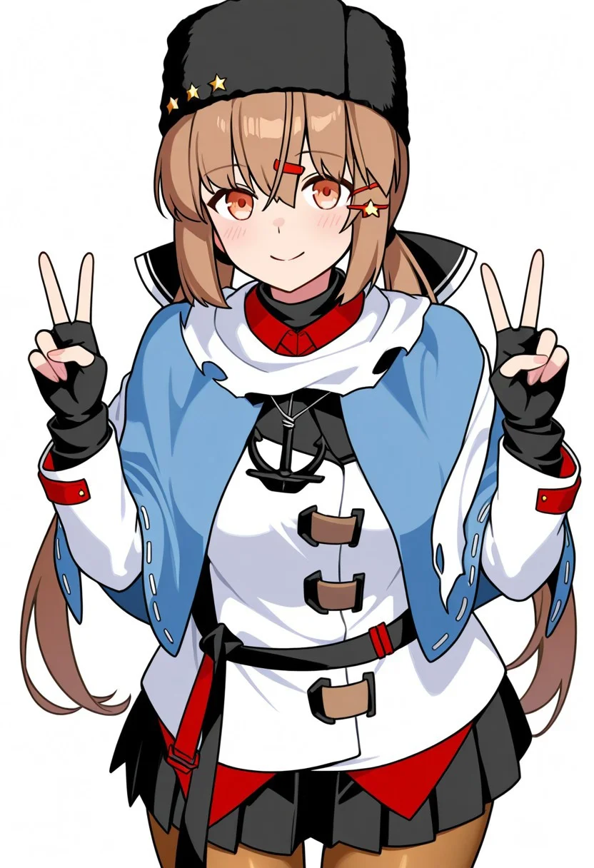 (tashkent \(kancolle\), brown eyes, brown hair, sidelocks, hair bow, hairclip, low twintails, hair ornament, hat, star hair ornament), (black headwear, black bow, fur hat, torn scarf, white scarf, anchor necklace, blue shawl, untucked shirt, white jacket, ribbon trim, black gloves, fingerless gloves, black skirt, black belt, brown pantyhose), (standing, V sign, peace sign, looking at viewer), simple background, white background, cute, pretty, BREAK (score 9, score 8 up, score 7 up, source anime), (score_9, score_8 up, score_7 up, source_anime), (masterpiece, best quality, high quality, absurdres, absolutely resolution, incredibly absurdres, high res image, 8K),