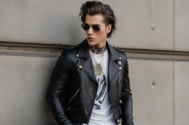 Lifestyle photography of a stylish australian aborigen man, wearing (Aesthetic of Rocker: Skinny jeans, graphic tee, leather jacket) showing off his new clothes to friends, upper body framing in a thematic environment with soft bounced lighting, eye level angle