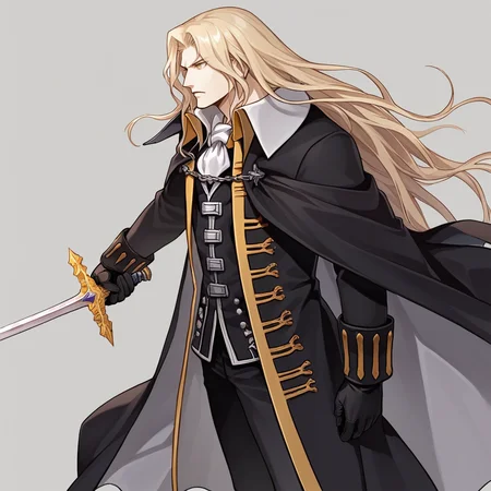 score_9, score_8_up, score_7_up, score_6_up, score_5_up, score_4_up, zPDXL2,source_anime,rating_questionable, 1boy, side profile, holding sword, <lora:Alucard_-_Castlevania:0.8> alucard_castlevania, long hair, cape, ascot, yellow eyes, black gloves, black pants, coat